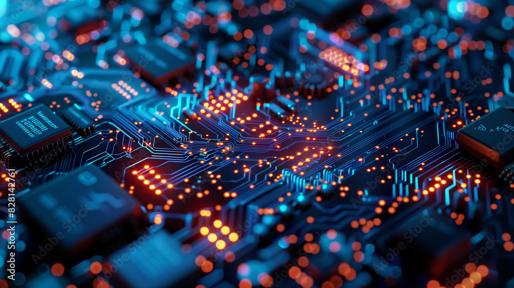 Obraz premium A computer chip with many small lights on it. The lights are orange and blue