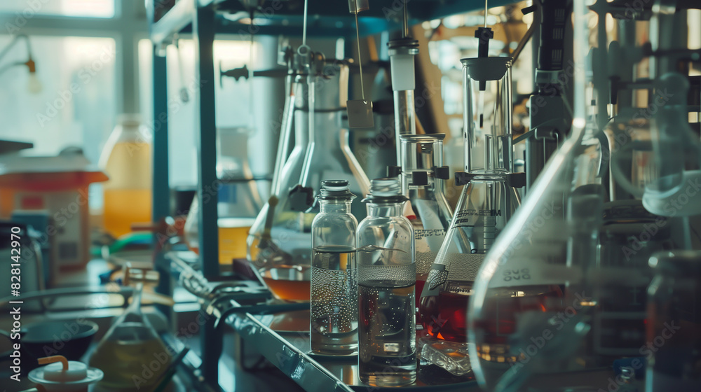Naklejka premium A lab with many glass beakers and bottles of various liquids. Scene is scientific and focused