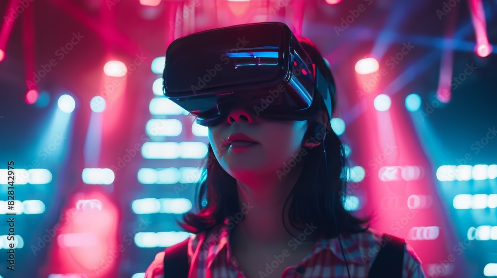 In casual attire, a young Asian woman watches a live-streaming concert through VR glasses, fully immersed in the electrifying virtual performance