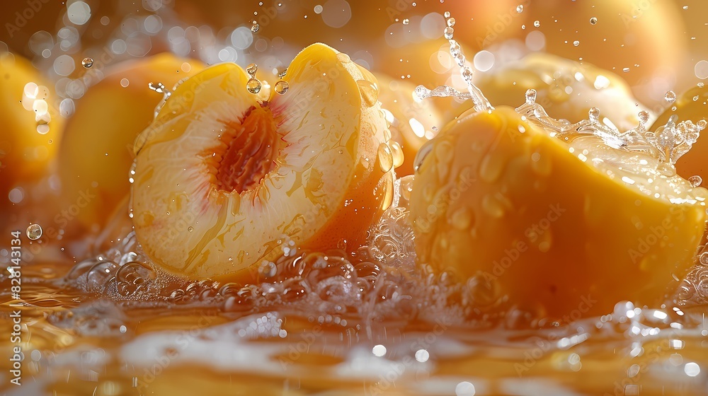peach juice splashing on an orange background peach juice splashing on an orange background