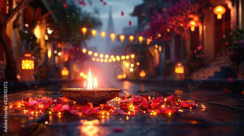 A festive street at night  adorned with lit candles and colorful decorations.