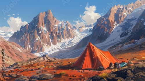 In the sun-drenched alpine valley, an orange tent stands boldly against the backdrop of towering red rocky ridges and distant snowy peaks, creating a striking contrast against the natural landscape © Thirawat