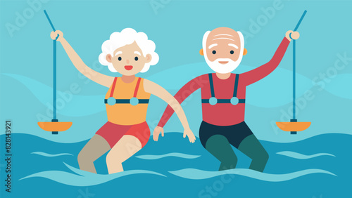Two seniors in deep water hold onto a harness as they perform a synchronized aerobic exercise routine the water providing a lowimpact workout for their joints.. Vector illustration