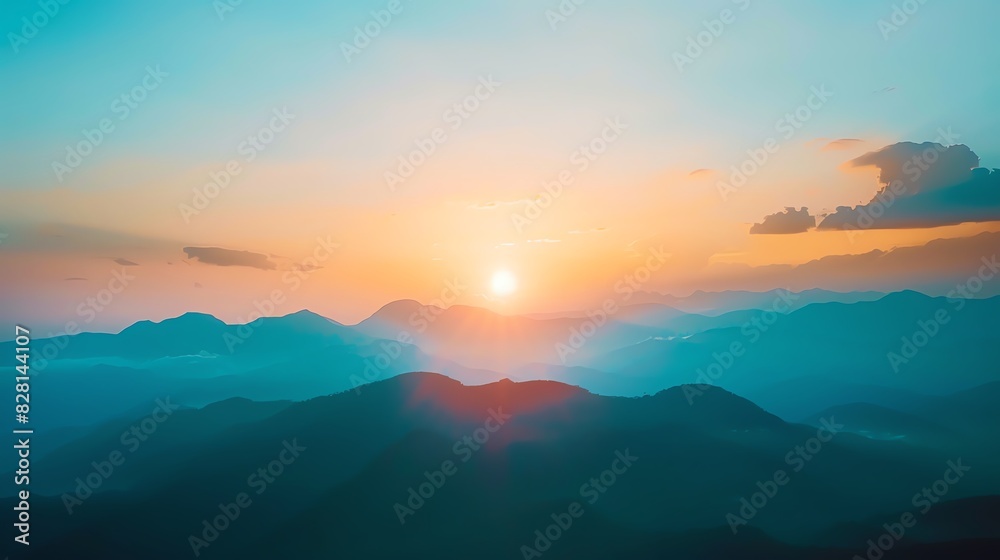 Fototapeta premium Sunset behind mountains close up, focus on, copy space Double exposure silhouette with mountains