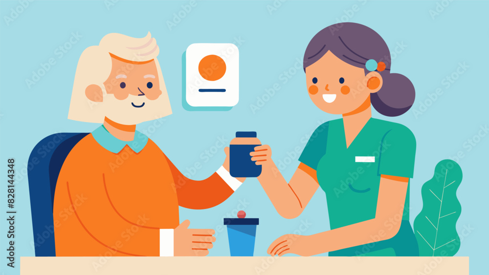 A nurse administering medication to an elderly patient while having a friendly conversation about their family and hobbies.. Vector illustration A nurse administering medication to an elderly patient while having a friendly conversation about their family and hobbies.. Vector illustration