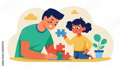 A parent and child work on a puzzle together appreciating the teamwork and comradery it brings.. Vector illustration