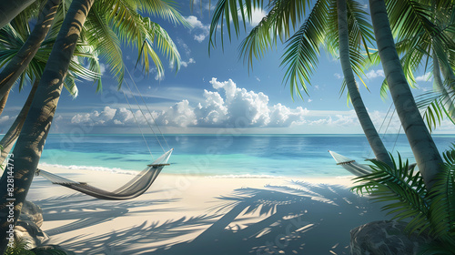 white sand beach with hammocks strung between palm trees