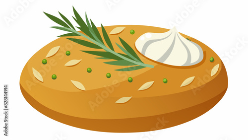 A rustic loaf of olive and rosemary bread paired with a creamy roasted garlic and white bean spread.. Vector illustration