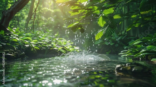 clear stream flows through the lush green forest. There is light sunlight. Shining through the leaves and touching the surface of the water morning light photo