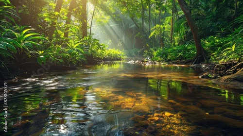 clear stream flows through the lush green forest. There is light sunlight. Shining through the leaves and touching the surface of the water morning light