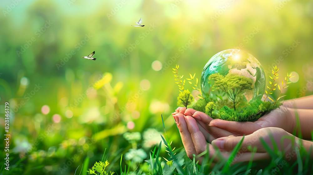 A person holds a globe with trees and birds in the background. Concept of environmental awareness and the importance of preserving nature