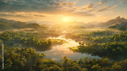 A beautiful landscape with a large body of water and mountains in the background. The sun is setting, casting a warm glow over the scene