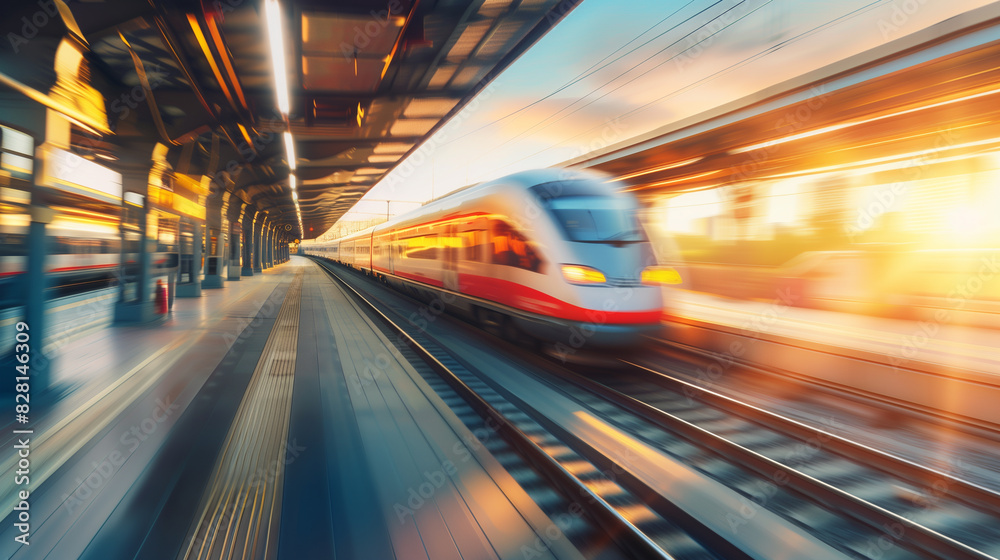 A train is speeding down the tracks at a train station. The train is red and white and is the center of attention A train is speeding down the tracks at a train station. The train is red and white and is the center of attention