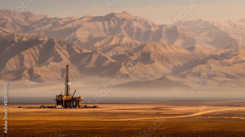 A drilling rig is in the middle of a desert. The desert is barren and the sky is cloudy