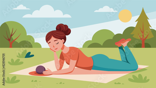 A woman lays on a blanket in the park her eyes closed as she lets her fingers play with a small ball of clay the stress from her day melting away with each squeeze and pinch.. Vector illustration