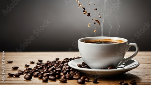 Steaming Hot Coffee Cup with Roasted Beans on Rustic Wooden Table