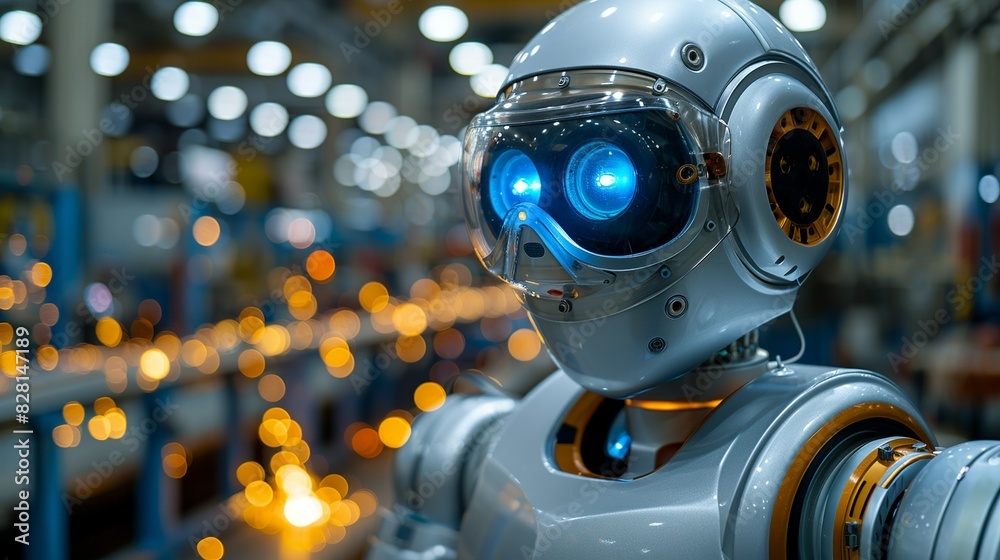 The robot's body is encased in a blue industrial coverall made from fire-resistant material, complete with reflective strips to enhance visibility among human workers. safety first for Industrial The robot's body is encased in a blue industrial coverall made from fire-resistant material, complete with reflective strips to enhance visibility among human workers. safety first for Industrial