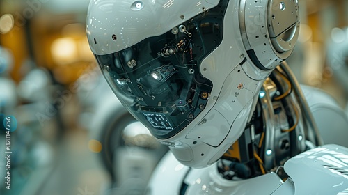 A detailed shot shows the robotâ€™s face, with an expressionless yet focused appearance, its synthetic skin and sensors highlighting the blend of human-like and mechanical elements. safety first for