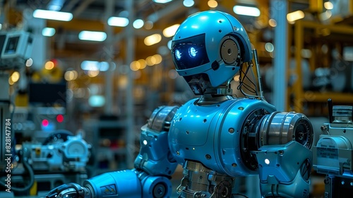 The ambient lighting in the factory casts a blue hue, creating a high-tech atmosphere that complements the futuristic presence of the humanoid robot in the industrial setting. safety first for