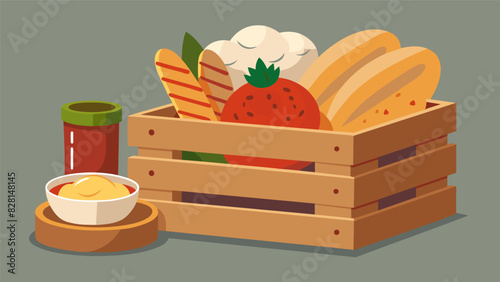 A rustic wooden crate overflowing with crusty sourdough baguettes fragrant rosemary bread and golden brioche rolls accompanied by three irresistible. Vector illustration
