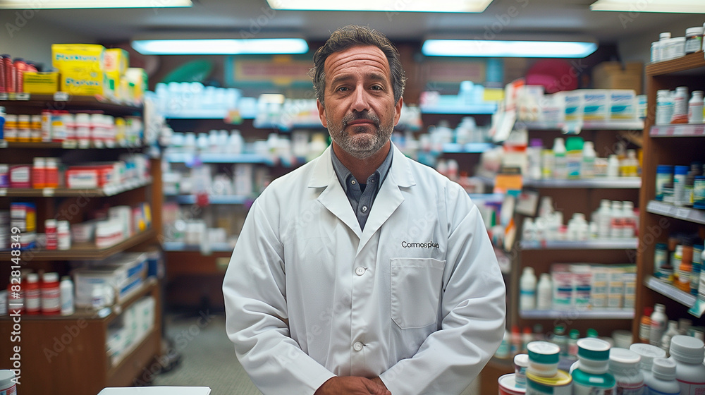 Pharmacy Counter - A pharmacy with a pharmacist at the counter Pharmacy Counter - A pharmacy with a pharmacist at the counter