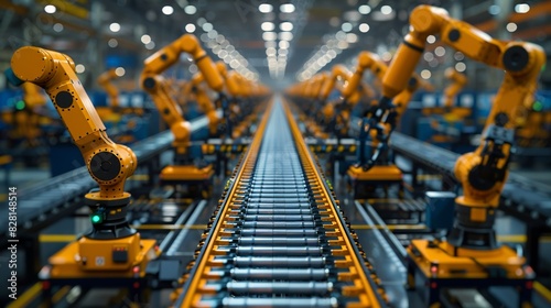 The ceiling-mounted robotic arms and conveyor systems in the factory create a complex network of automation, with the humanoid robot seamlessly integrating into this system. safety first for photo