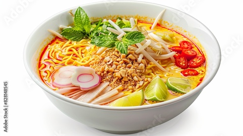 Bowl of delicious Khao Soi Thai soup with noodles and veggies on white background. Food photography. photo