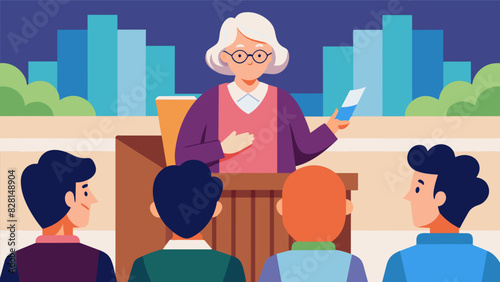 A woman in her golden years intently listening to a guest speaker discuss history in a collegelevel course.. Vector illustration