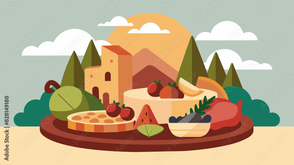 A rustic and charming antipasto platter featuring a mix of traditional and modern Italian delicacies arranged in a countrysideinspired display.. Vector illustration A rustic and charming antipasto platter featuring a mix of traditional and modern Italian delicacies arranged in a countrysideinspired display.. Vector illustration