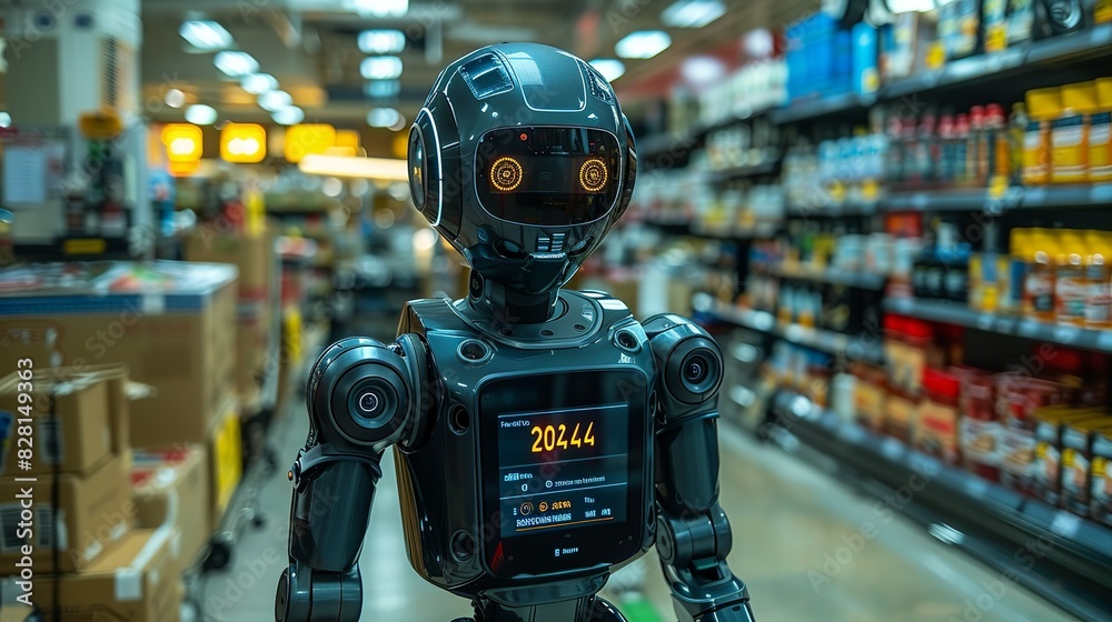 The robot’s chest display shows real-time inventory updates, seamlessly connected to the store’s central database, ensuring stock levels are accurately monitored and maintained. safety first for The robot’s chest display shows real-time inventory updates, seamlessly connected to the store’s central database, ensuring stock levels are accurately monitored and maintained. safety first for