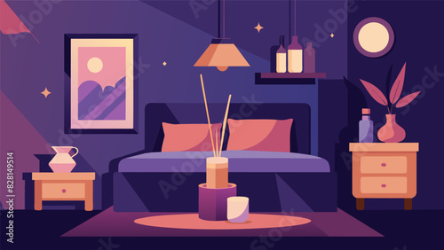 As the diffuser emits fragrances of vanilla and sandalwood the bedroom becomes a romantic oasis perfect for a cozy night in with a loved one.. Vector illustration