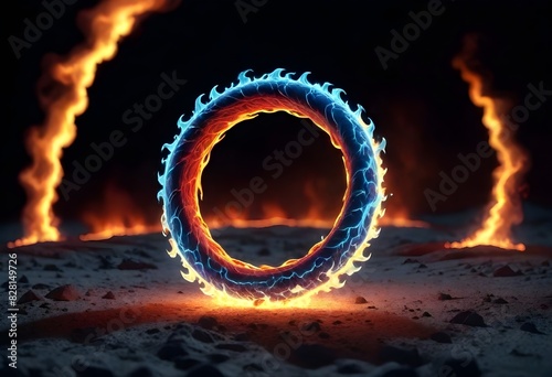 Circle ring flame burning fire, dark background