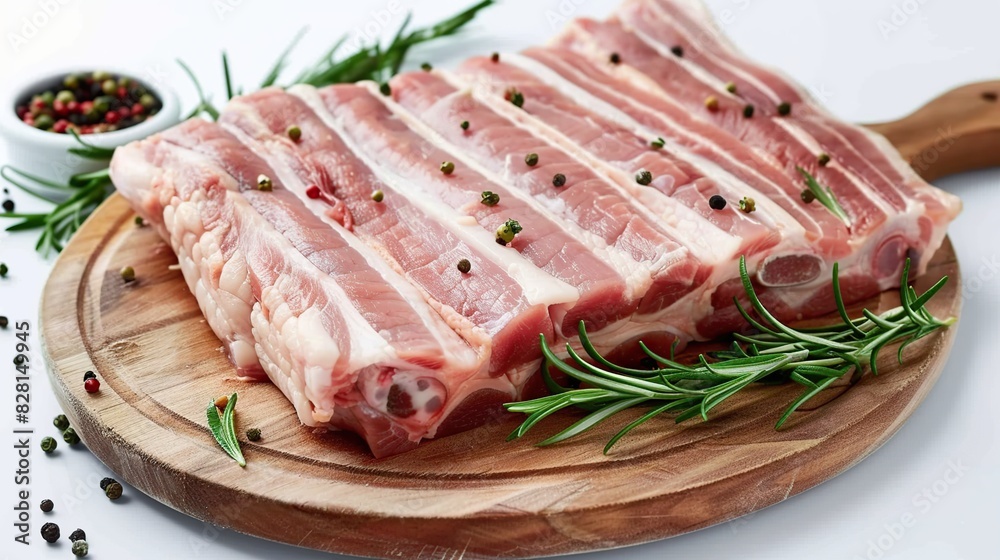 fresh pork belly meat on cutting board isolated on white . Generative Ai fresh pork belly meat on cutting board isolated on white . Generative Ai