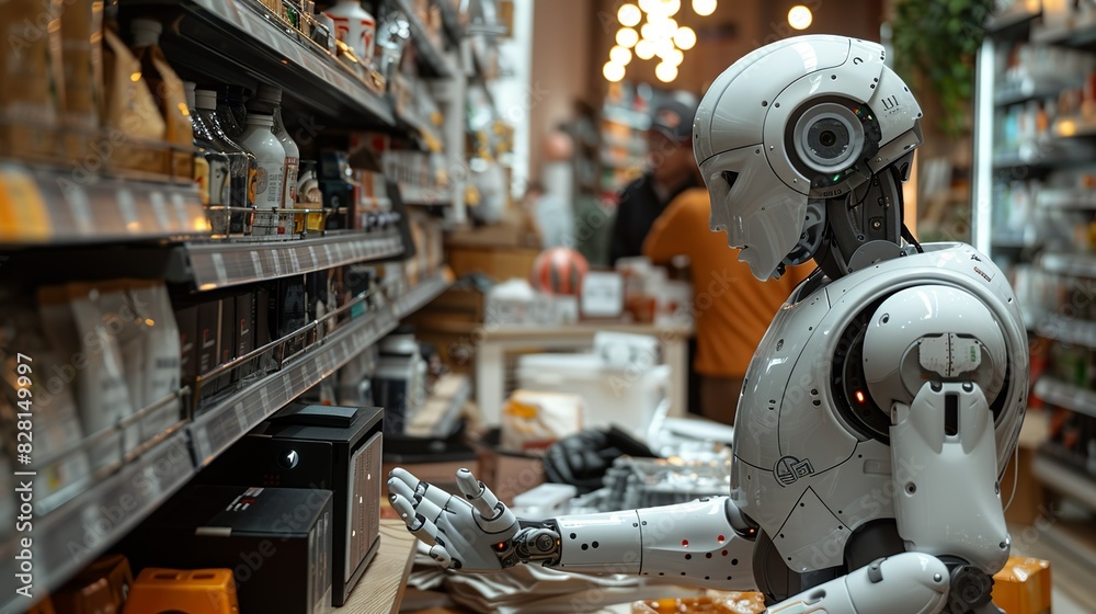 The robot is shown consulting with a store manager, its built-in communication system facilitating seamless interaction and coordination with human staff. safety first for Industrial works concept,