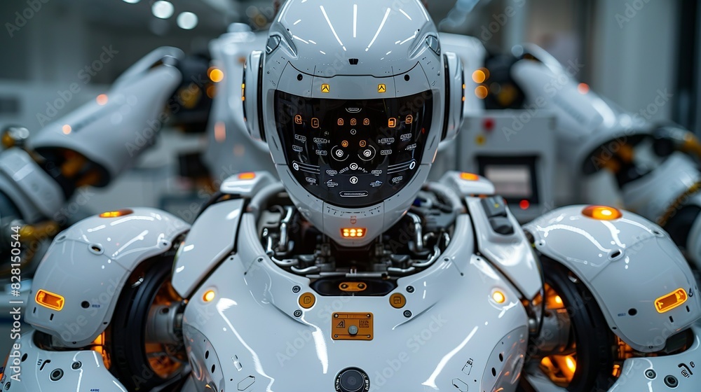 The robot’s chest plate opens to reveal diagnostic ports and indicators, allowing technicians to perform maintenance and updates easily, highlighting its user-friendly design. safety first for The robot’s chest plate opens to reveal diagnostic ports and indicators, allowing technicians to perform maintenance and updates easily, highlighting its user-friendly design. safety first for