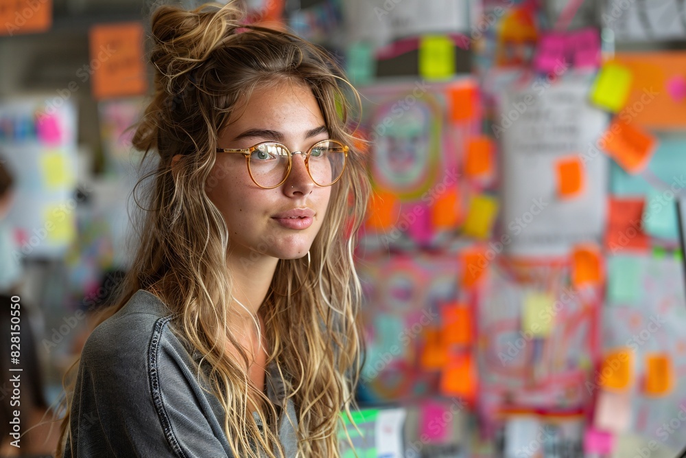 Young creatives brainstorming with post-it notes in a bright workspace, energetic and collaborative, Magazine Photography Style Young creatives brainstorming with post-it notes in a bright workspace, energetic and collaborative, Magazine Photography Style