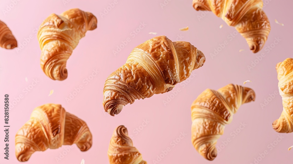 Flying croissants on pastel pink background: French breakfast concept Flying croissants on pastel pink background: French breakfast concept