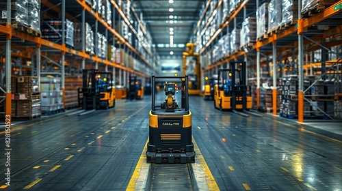 The warehouse setting includes forklifts and other machinery, with the robot working harmoniously alongside these tools, showcasing its integration into the overall workflow. safety first for photo