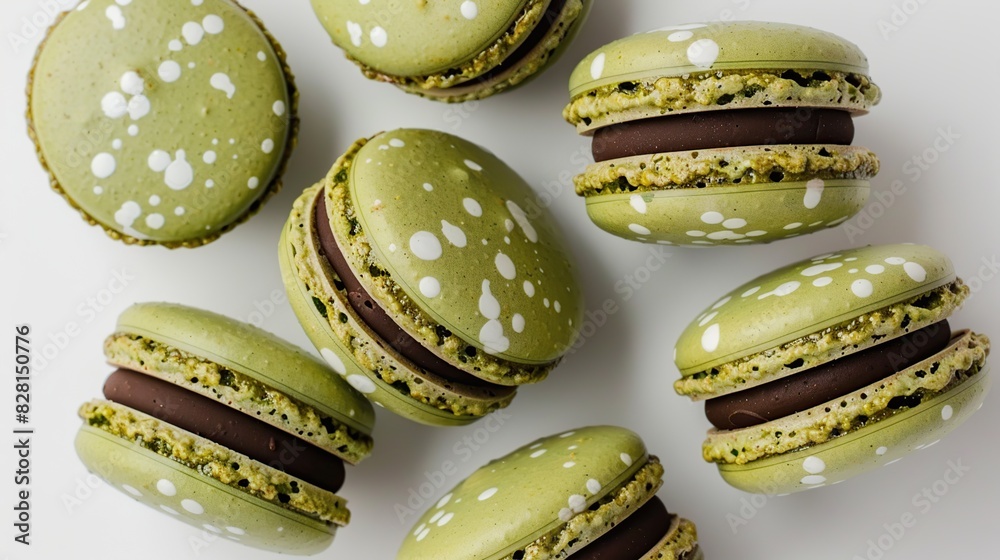 From above sweet round green macaroons with white spots and tasty chocolate. Generative Ai From above sweet round green macaroons with white spots and tasty chocolate. Generative Ai