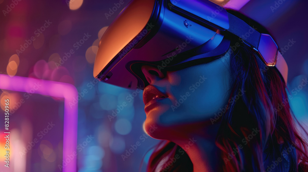 close-up beautiful female woman face model wearing vr virtual reality headset goggles and experiencing future technology immersive content close-up beautiful female woman face model wearing vr virtual reality headset goggles and experiencing future technology immersive content