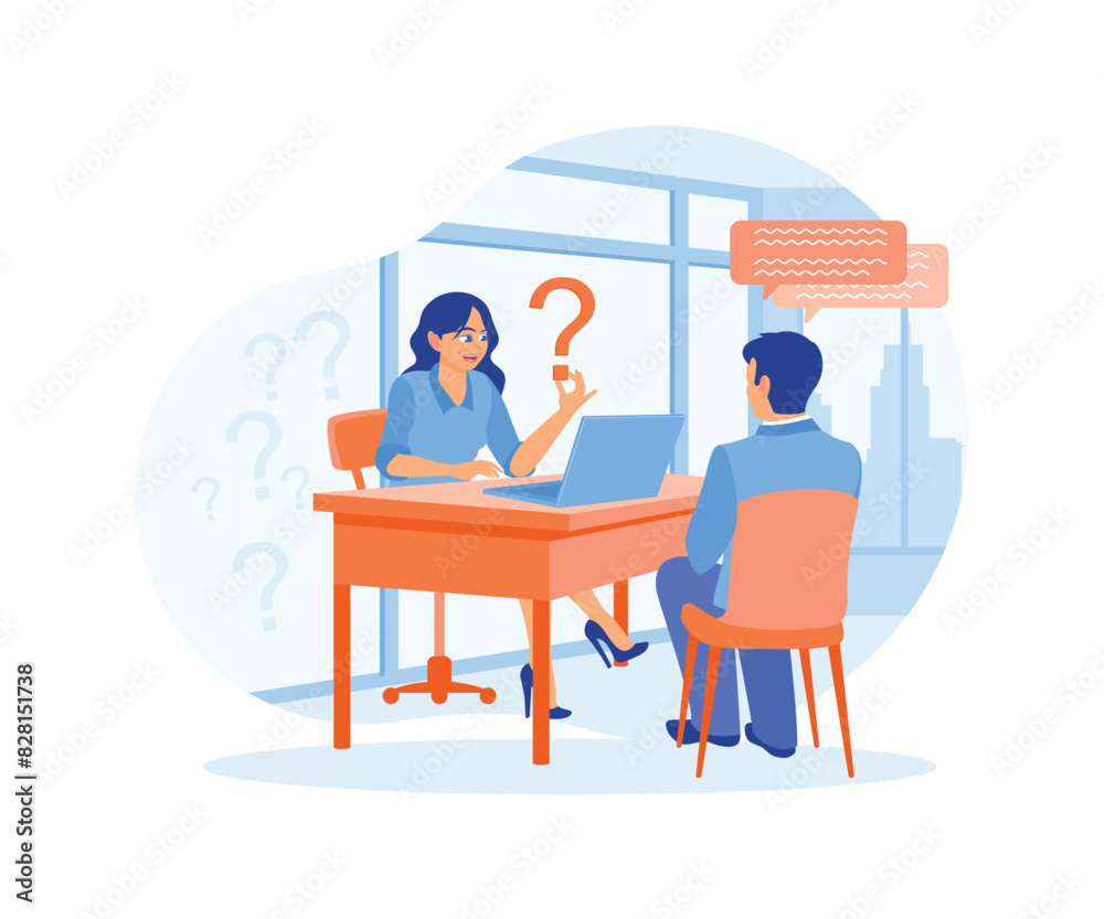 The male candidate has a job interview with the HR head. Man answers woman's question. Job interview concept. Flat vector illustration. The male candidate has a job interview with the HR head. Man answers woman's question. Job interview concept. Flat vector illustration.