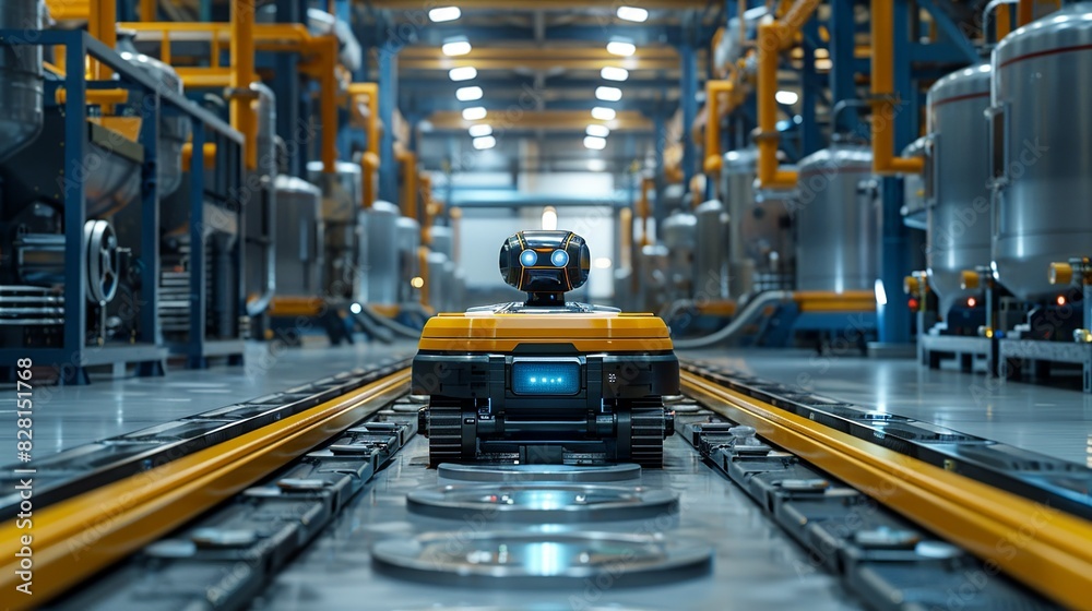 The chemical plant setting is filled with large tanks and piping, with the robot navigating this maze with ease, demonstrating its adaptability and advanced mobility. AI Technology and Industrial