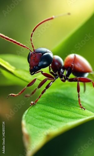  a close up of a ant on a leaf  photo