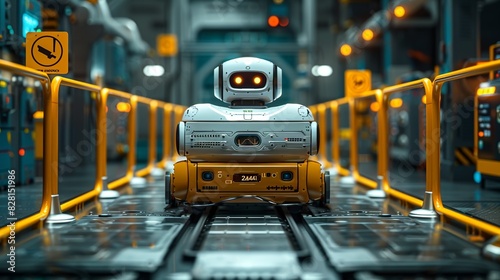 Safety barriers and hazard signs around the robot emphasize the high-risk nature of the environment, where precise and cautious operations are crucial for safety. AI Technology and Industrial works photo