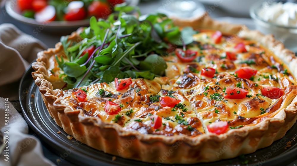 Quiche Lorraine on a breakfast table, sliced with a side salad. Quiche Lorraine on a breakfast table, sliced with a side salad.