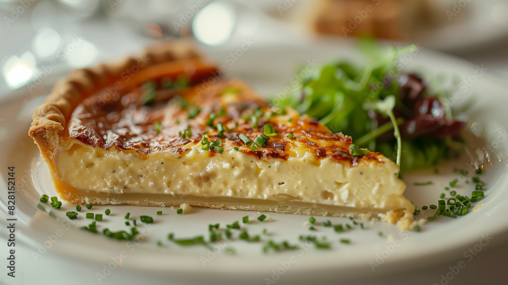 Quiche Lorraine on a breakfast table, sliced with a side salad. Quiche Lorraine on a breakfast table, sliced with a side salad.