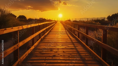 A golden sunset illuminating a peaceful wooden boardwalk in Ciudad Real, the light creating long shadows and a peaceful path leading towards the horizon. © Sundas