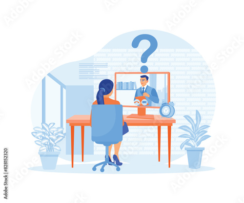 Woman talking to HR leader via computer. Online job interviews. Job interview concept. Flat vector illustration.