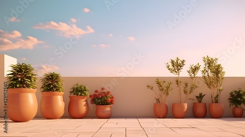 Empty outdoor roof terrace with potted plants. Generative AI