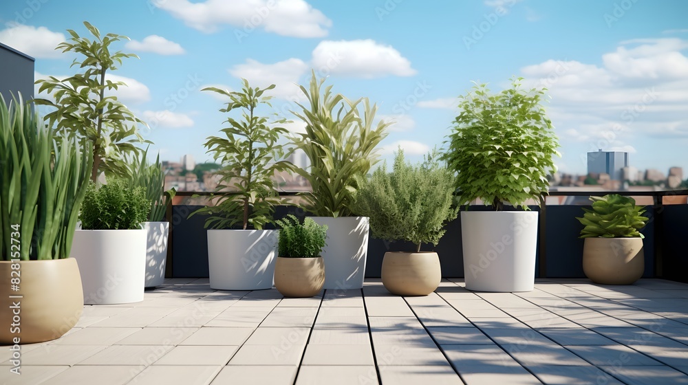 Empty outdoor roof terrace with potted plants. Generative AI Empty outdoor roof terrace with potted plants. Generative AI